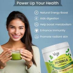 Vegs Moringa Leaf Powder in a clear jar, showing vibrant green powdered Moringa leaves, ideal for smoothies and health supplements.