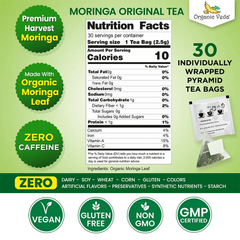 Organic Veda Moringa Original Tea powder in a container, showcasing vibrant green moringa powder for healthy tea brewing.
