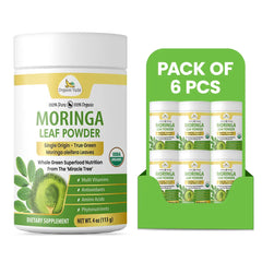 Six 4 oz packs of Organic Veda organic moringa leaf powder in clear plastic bags, showing vibrant green powdered moringa leaves.