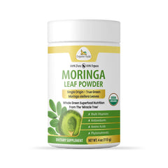 Organic Veda Organic Moringa Leaf Powder in a 4 oz container, showing fine green powder in a clear jar.