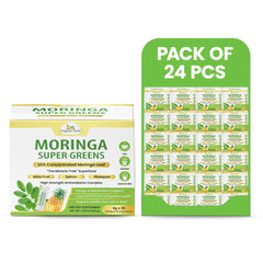 Pack of 30 organic Veda Moringa Super Greens powder sachets, 5g each, featuring vibrant green moringa powder for health and wellness.