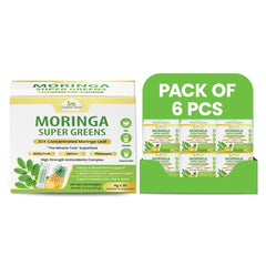 Organic Veda Moringa Super Greens powder in 5g sachets, showing green Moringa powder packets arranged in a pack.