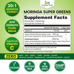Organic Veda Moringa Super Greens powder in a jar, showcasing vibrant green powder for health and nutrition.