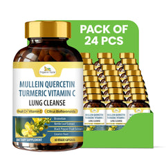 Six packs of Organic Veda Mullein Quercetin Turmeric Lung Cleanse Capsules, 60 count each, shown in the image.