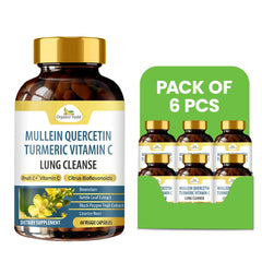 Six packs of Organic Veda Mullein Quercetin Turmeric Lung Cleanse Capsules, 60 count each, showing the supplement bottles and packaging.