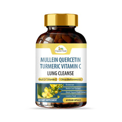 Organic Veda Mullein Quercetin Turmeric Lung Cleanse Capsules, 60-count bottle with capsules for respiratory support.