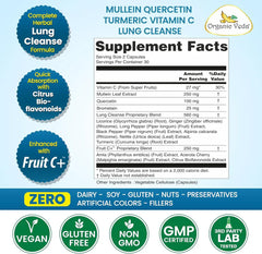 Organic Veda Mullein Quercetin Turmeric lung cleanse capsules, 60-count, featuring herbal supplement capsules with natural ingredients.