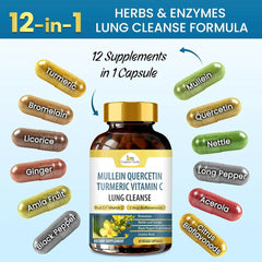 Organic Veda Mullein Quercetin Turmeric lung cleanse capsules, 60-count, with herbal supplement capsules for respiratory support.