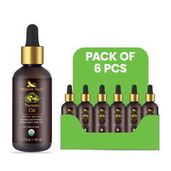 Six 50ml bottles of Organic Veda Neem Oil, natural herbal oil for skin and plant care, displayed in a clear plastic packaging.