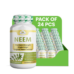 Organic Veda Neem capsules in a 120-count bottle, showing capsules inside a clear container on a white background.