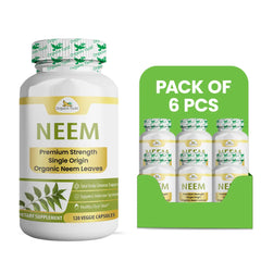 Organic Veda Neem capsules in a 120-count pack, showing the capsules in a clear container on a neutral background.