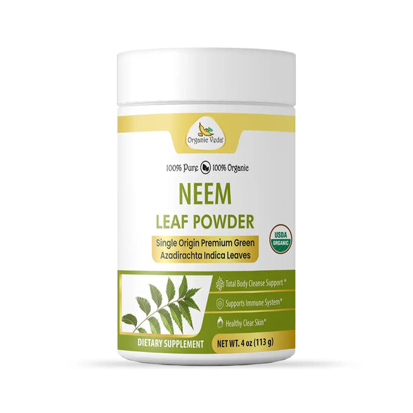 Organic Veda Neem Leaf Powder capsules in a 4 oz container, showcasing the herbal supplement's natural packaging.