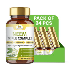 Organic Veda Neem Triple Complex Capsules, 120-count bottles, showing capsules in a natural supplement container.