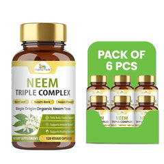 Organic Veda Neem Triple Complex Capsules, 120-count packs, showing six bottles of herbal capsules in clear containers.