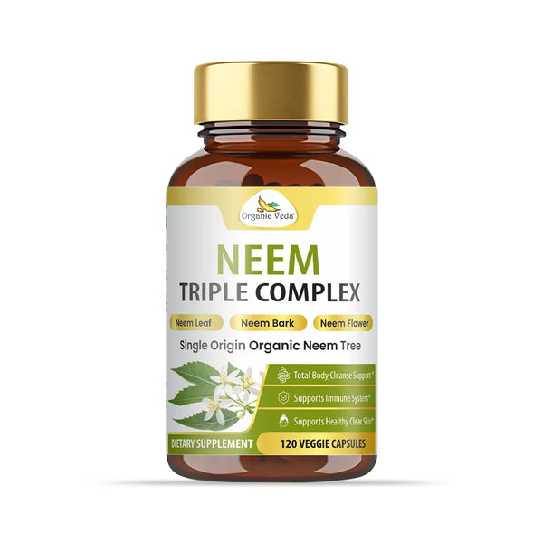 Organic Veda Neem Triple Complex Capsules, 120-count bottles, showing oval capsules with natural neem extract in a clear container.