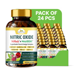 Wholistic Zone Nitric Oxide NitReds and MetaGreens capsules, 60 count, showing colorful supplement capsules in a pack.