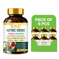 Six bottles of Wholistic Zone Nitric Oxide NitReds and MetaGreens capsules, dietary supplement capsules in clear bottles.