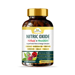 Wholistic Zone Nitric Oxide capsules with NitReds and MetaGreens, 60-count bottle, showing the supplement capsules in a clear container.