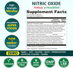Wholistic Zone Nitric Oxide NitReds and MetaGreens capsules supplement with supplement facts label in the background.