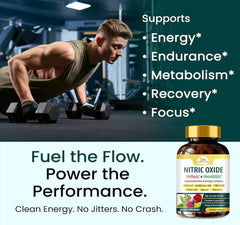 Wholistic Zone NitReds + MetaGreens nitric oxide capsules with supplement facts label and colorful packaging.