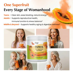 Vegs papaya juice powder in a clear container, showing vibrant orange powder, ready for mixing into beverages or smoothies.
