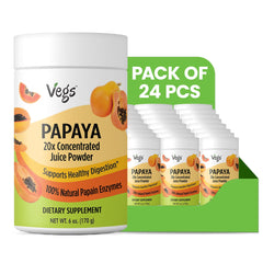 Vegs papaya juice powder in 6oz packs, showing vibrant orange powder in a clear container, ideal for smoothies and health drinks.