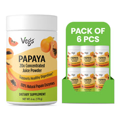 Six-pack of Vegs papaya juice powder in 6 oz packages, showcasing vibrant orange powder in clear containers.