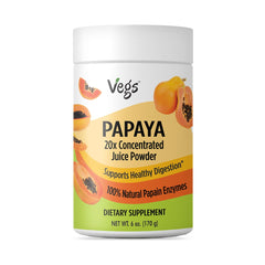 Vegs papaya juice powder in a 6oz container, showing the vibrant orange powder inside a clear jar.