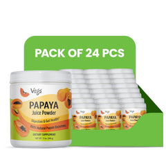 Vegs papaya juice powder in a 13 oz pack, showing vibrant orange powder in a clear container, ideal for smoothies and beverages.
