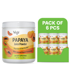 Six 13 oz packages of Vegs Papaya Juice Powder in powder form, showcasing the vibrant orange powder in the packaging.