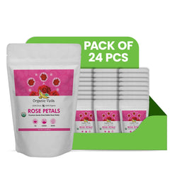 Dried rose petals powder in a 7 oz pack from Organic Veda, showing fine pinkish-red floral powder in a resealable bag.