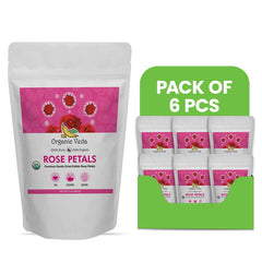 Six packs of Organic Veda dried rose petal powder in 7 oz containers, showcasing vibrant, finely ground rose petals.
