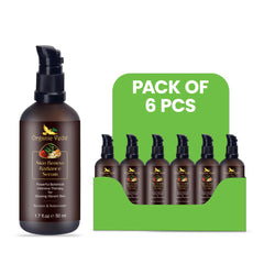 Six 50ml bottles of Organic Veda Skin Renew Radiance Serum with lightweight, clear glass bottles and dropper applicators.