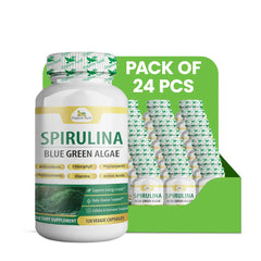 Organic Veda Spirulina capsules in a 120-count pack, showing green capsules arranged in a blister pack.