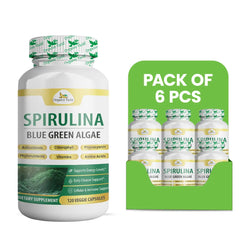Organic Veda spirulina capsules in a 120-count pack, showing green supplement capsules in a clear container.