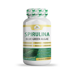 Organic Veda Spirulina Capsules in a bottle, featuring 120 green capsules for dietary supplement and health support.