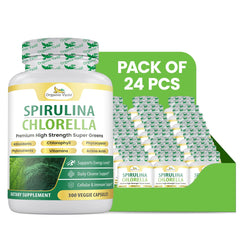 Organic Veda Spirulina and Chlorella capsules in a 300-count pack, showing green supplement capsules in a blister pack.