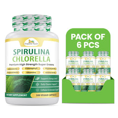 Six packs of Organic Veda Spirulina and Chlorella capsules in clear bottles, showing green supplement capsules for detox and energy.