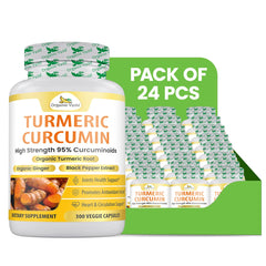 Organic Veda turmeric ginger capsules in powder form, 24-pack of 300-count bottles, shown in clear bottles with capsules inside.