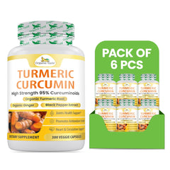 Six packs of Organic Veda turmeric ginger capsules in powder form, showing the capsule bottles with labels.