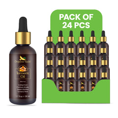 Set of 24 organic turmeric oil bottles by Organic Veda, 50ml each, showing amber glass bottles with turmeric oil.