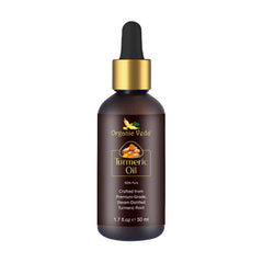 Organic Veda turmeric oil in a 50ml bottle with a golden hue, showcasing natural turmeric extract for skincare and wellness.
