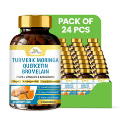 Organic Veda turmeric, moringa, quercetin, and bromelain capsules in a 60-count pack, showcasing the supplement bottles.