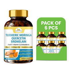 Six packs of Organic Veda turmeric, moringa, quercetin, and bromelain capsules, each containing 60 capsules for immune support.