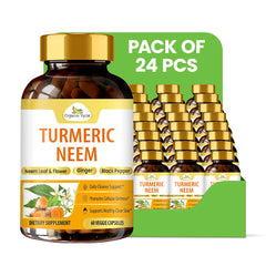 Organic Veda Turmeric Neem Capsules in a 60-count bottle, showing the capsules inside and packaging box.