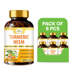 Six packs of Organic Veda turmeric neem capsules, 60-count bottles, showing the capsules in blister packs with turmeric and neem ingredients.