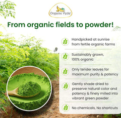 Organic Veda Organic Moringa Leaf Powder in a clear jar, showing fine green powder with fresh moringa leaves in the background.