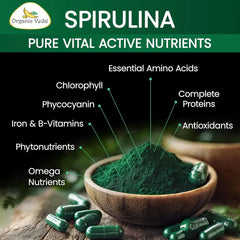 Organic Veda spirulina capsules in a bottle, dietary supplement with green capsules shown close-up for health and nutrition.