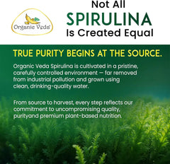 Organic Veda Spirulina Capsules supplement bottle with green capsules, showcasing natural health and wellness benefits.